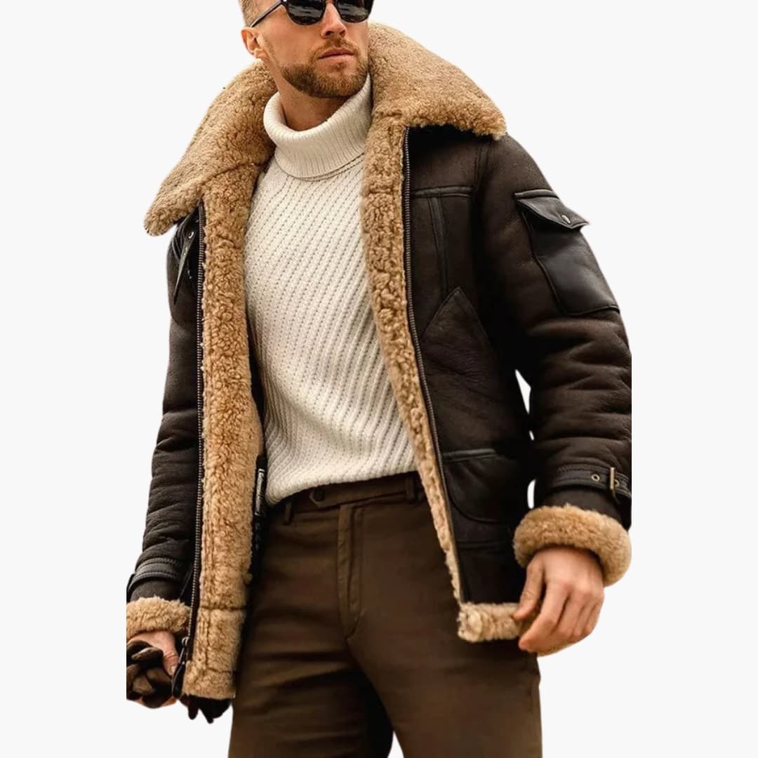 Men's brown aviator jacket zip closure shearling collar full lining structured panel silhouette