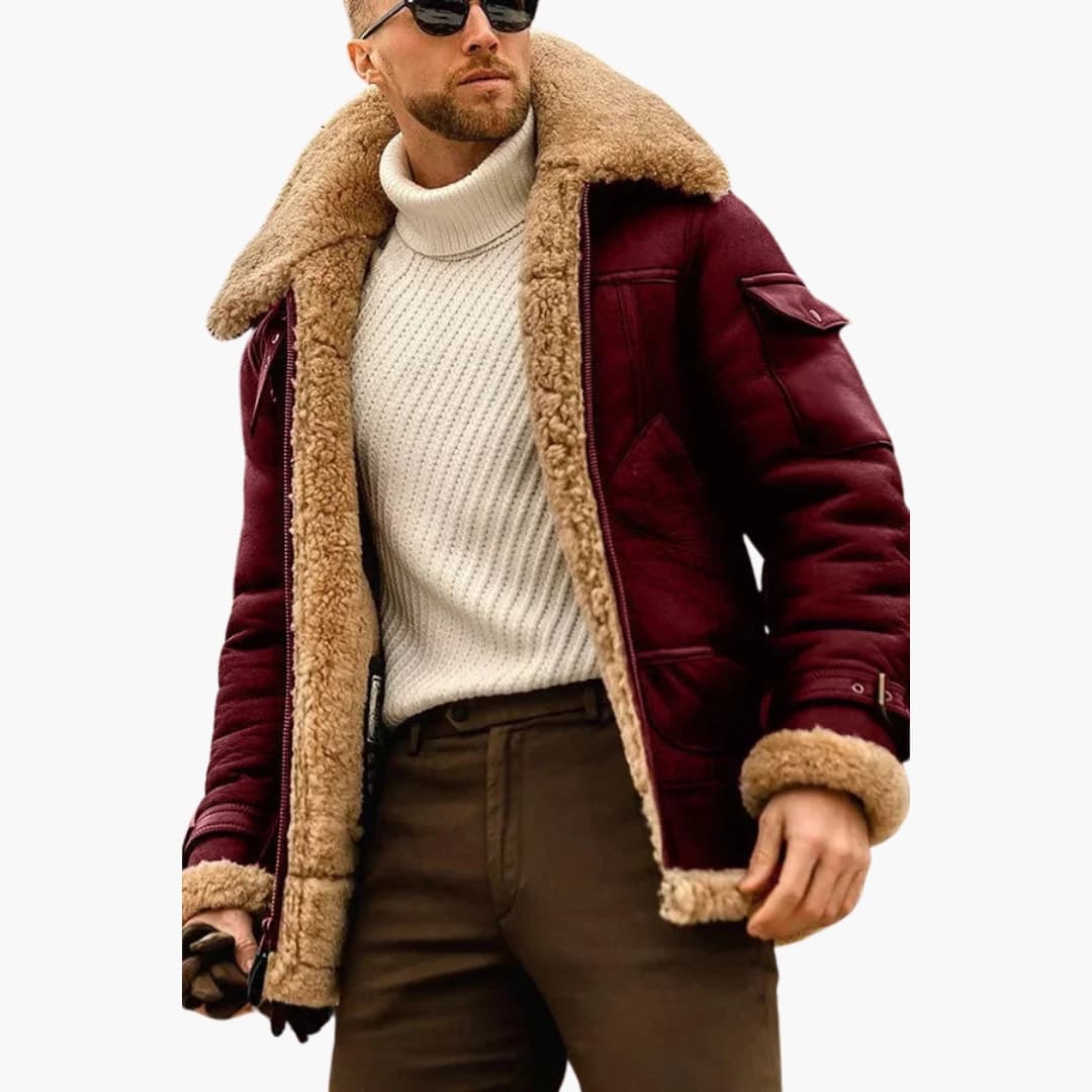 Men's brown aviator jacket zip closure shearling collar full lining structured panel silhouette