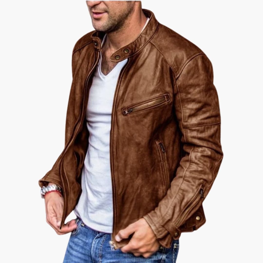 Men's black biker jacket with stand collar, zipper closure, and multiple pockets for urban riders