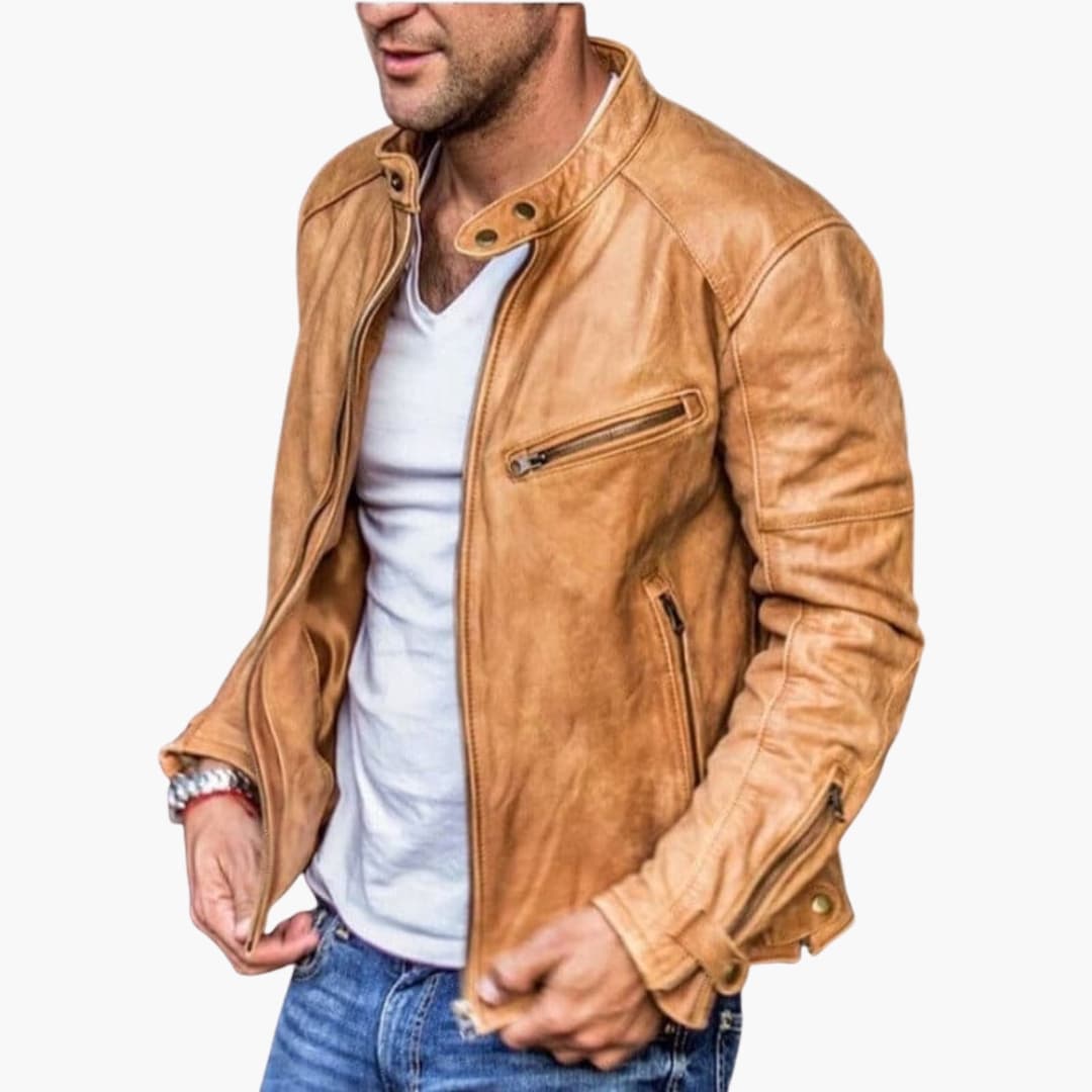 Men's black biker jacket stand collar zippered pockets structured urban moto style