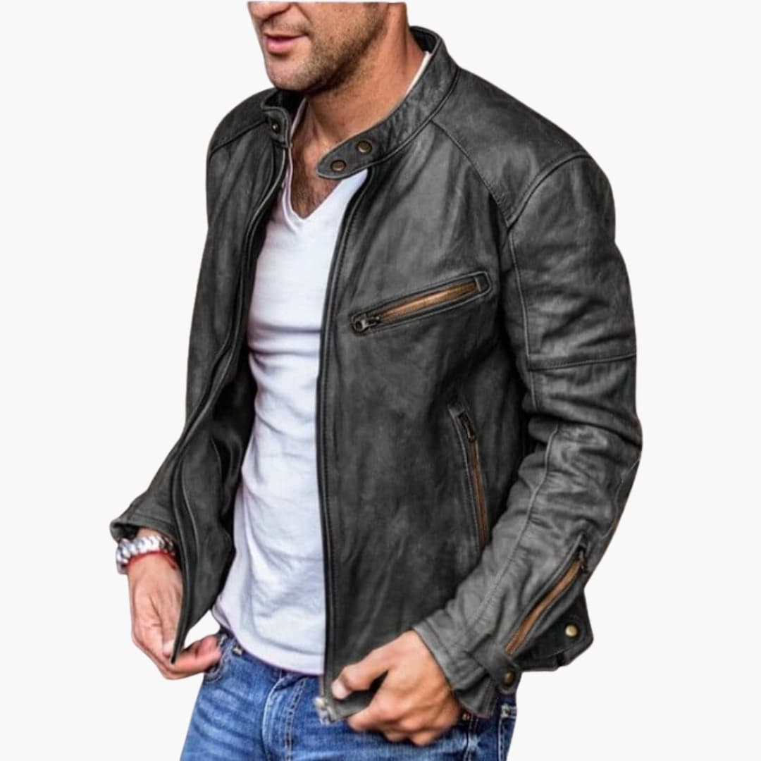Men's black biker jacket with stand collar, zipper closure, and multi-pocket urban riding style