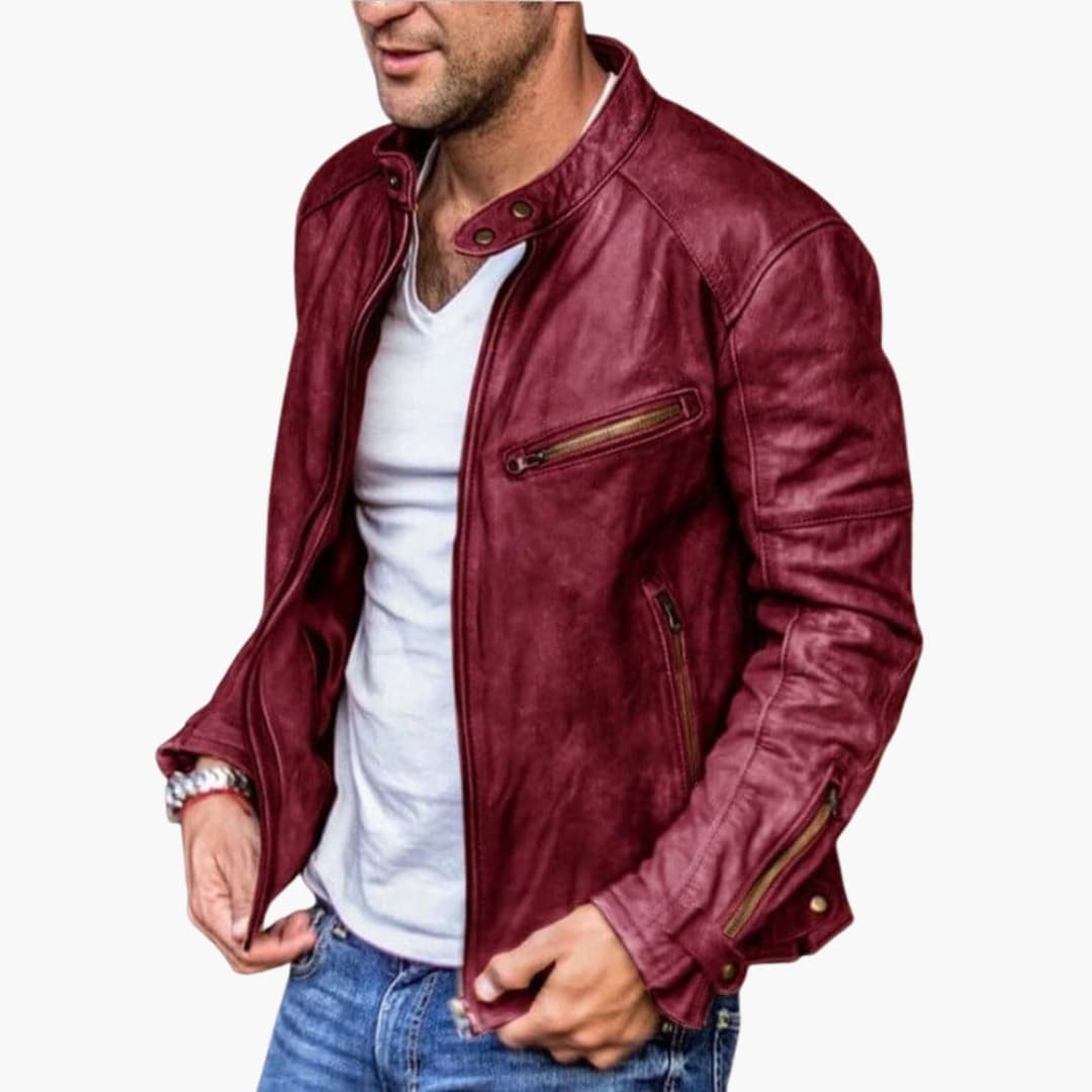 Men's black biker jacket stand collar zip pockets structured urban moto style durable outerwear