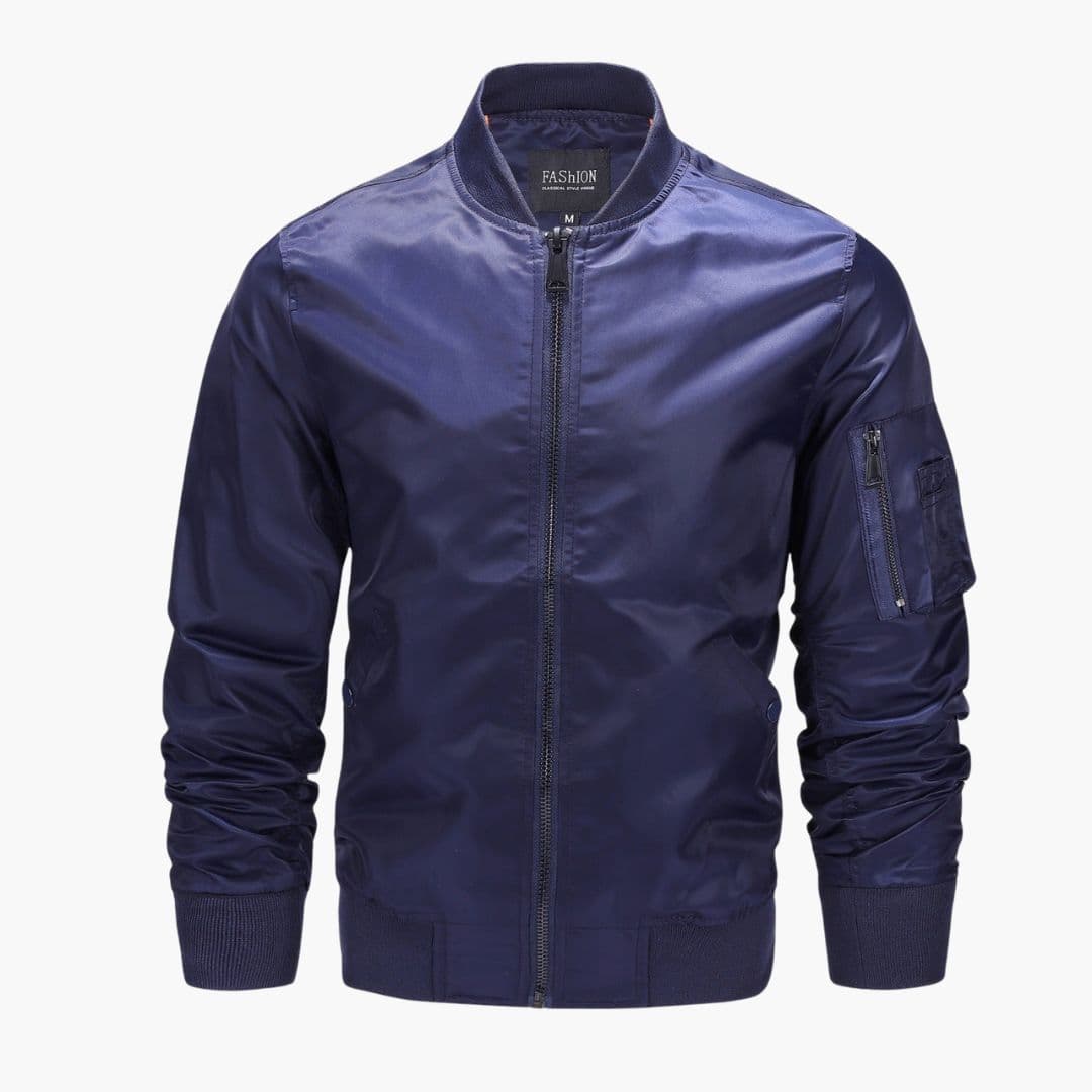 Men's black bomber jacket with full-zip closure, ribbed cuffs, and utility arm pocket for casual wear