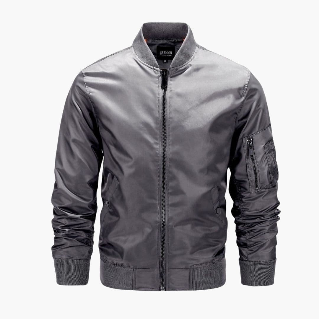 Men's black bomber jacket with full-zip closure, ribbed cuffs, and utility arm pocket for casual wear
