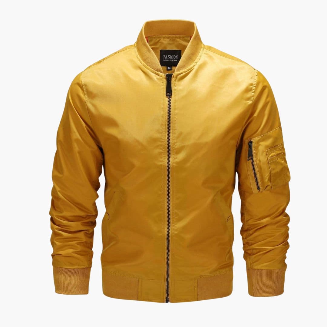Men's black bomber jacket with full-zip closure, ribbed cuffs, and utility arm pocket for casual wear