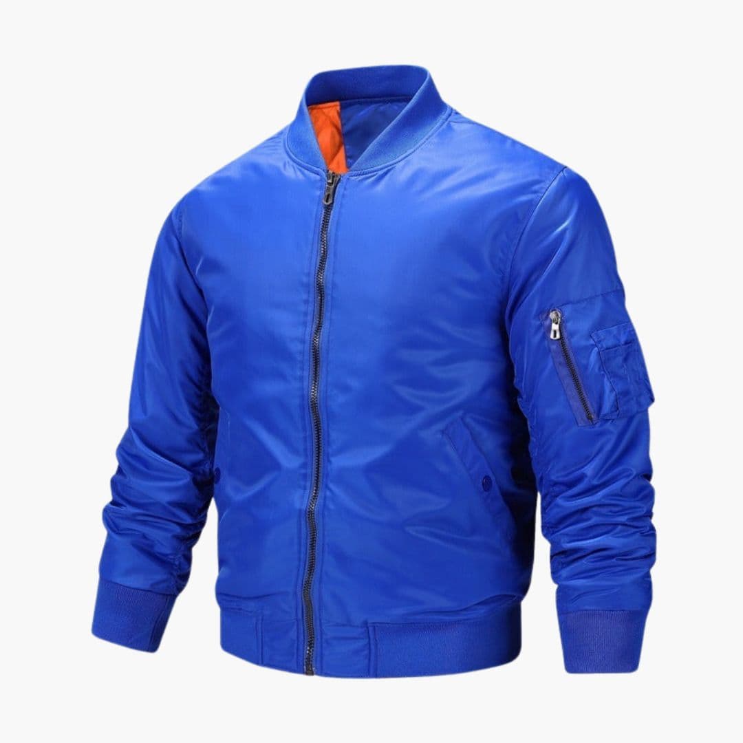 Men's black bomber jacket with full-zip closure, ribbed cuffs, and utility arm pocket for casual wear