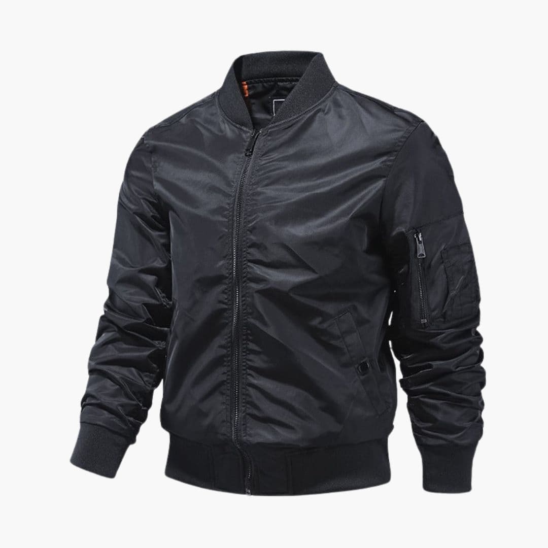 Men's black bomber jacket with full-zip closure, ribbed cuffs, and utility arm pocket