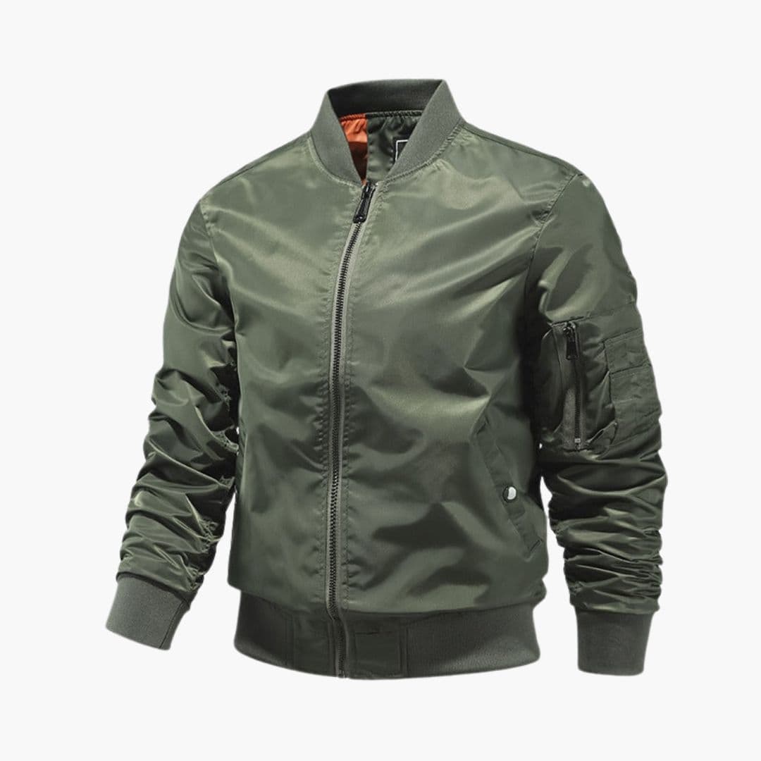 Men's black bomber jacket with full-zip closure, ribbed cuffs, and functional arm pocket