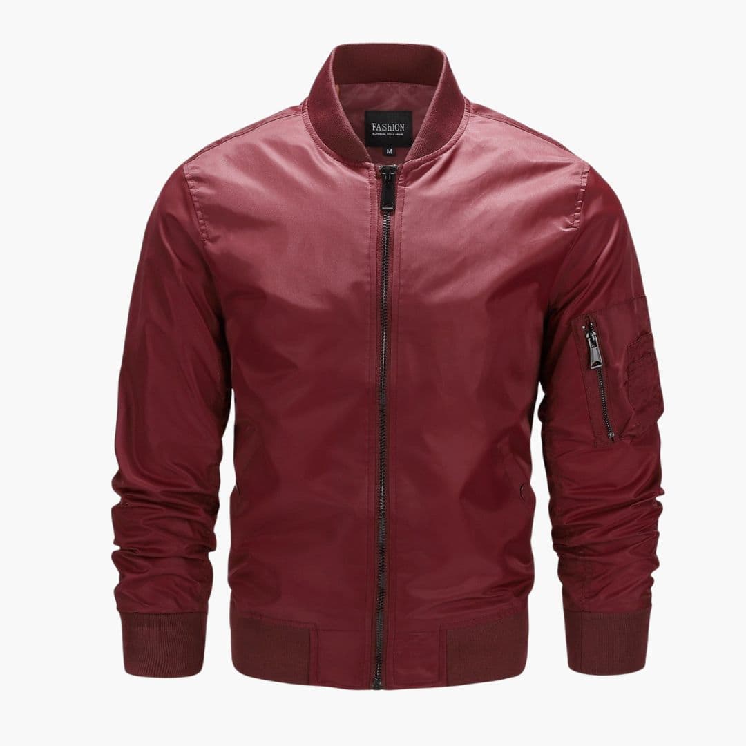 Men's black bomber jacket with full-zip closure, ribbed cuffs, and utility arm pocket for casual wear