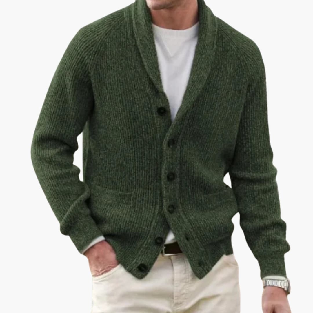 Men's classic shawl collar cardigan button front knit sweater in neutral tone relaxed fit