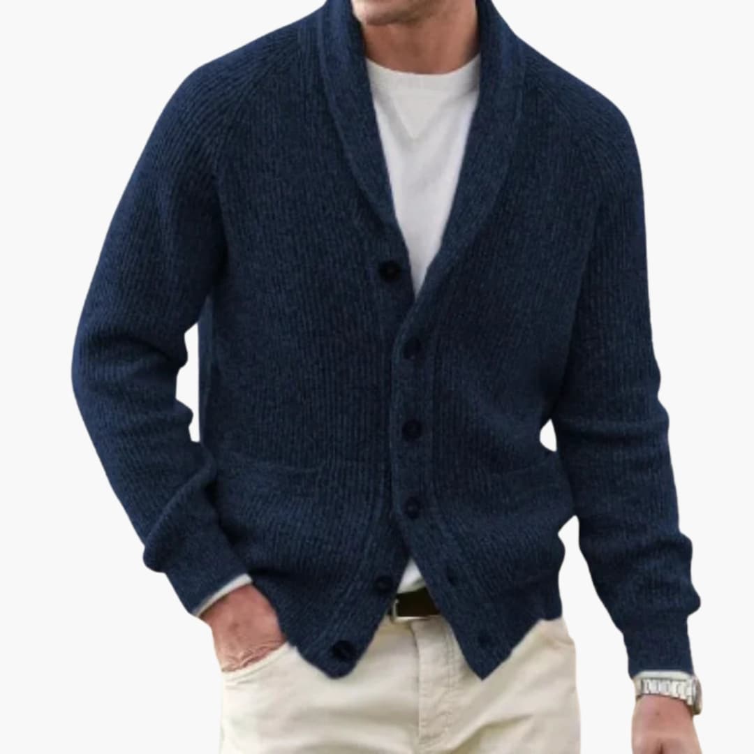 Men's classic shawl collar cardigan button-front knit sweater in neutral tone, relaxed polished fit