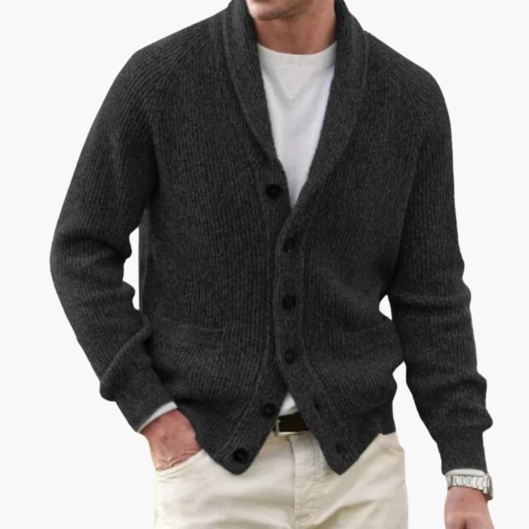 Men's classic knit cardigan shawl collar button front versatile layering essential polished casual fit
