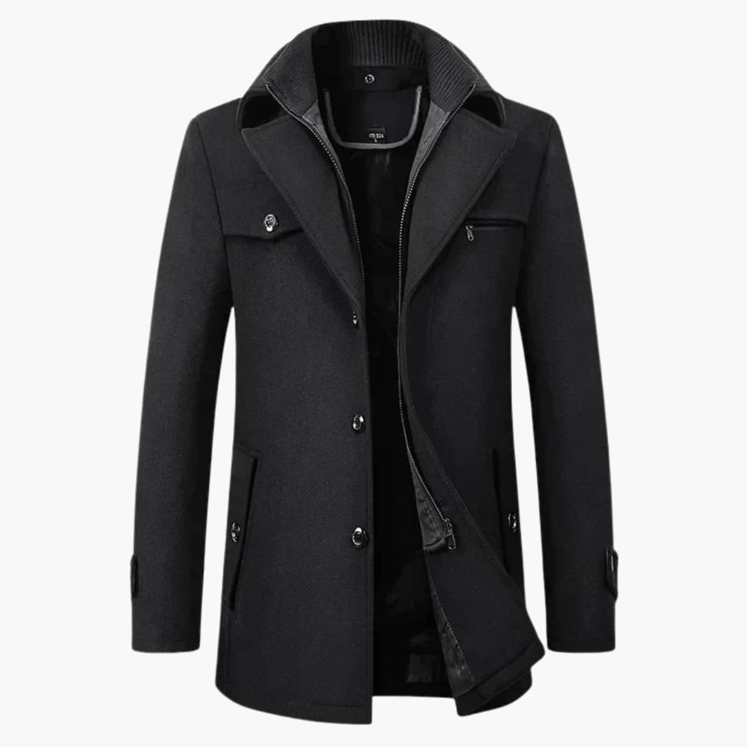 Men's structured coat with notched collar, ribbed insert, dual closure, tailored modern silhouette