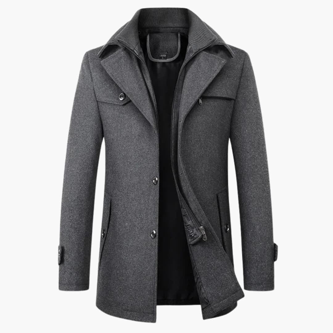 Men's structured coat notched collar ribbed insert dual closure tailored modern fit