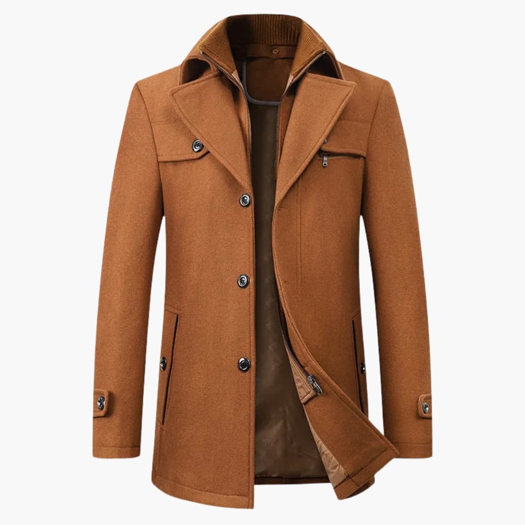 Men's structured coat with notched collar and ribbed insert, dual closure, modern tailored silhouette