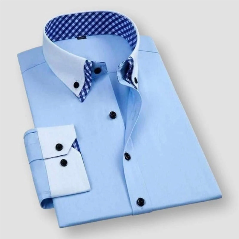 Men's white dress shirt contrast collar cuffs bold inner checkered lining modern slim fit