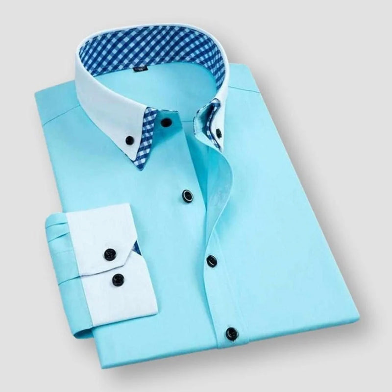 Men's white dress shirt contrast collar cuffs bold inner checkered lining modern slim fit style