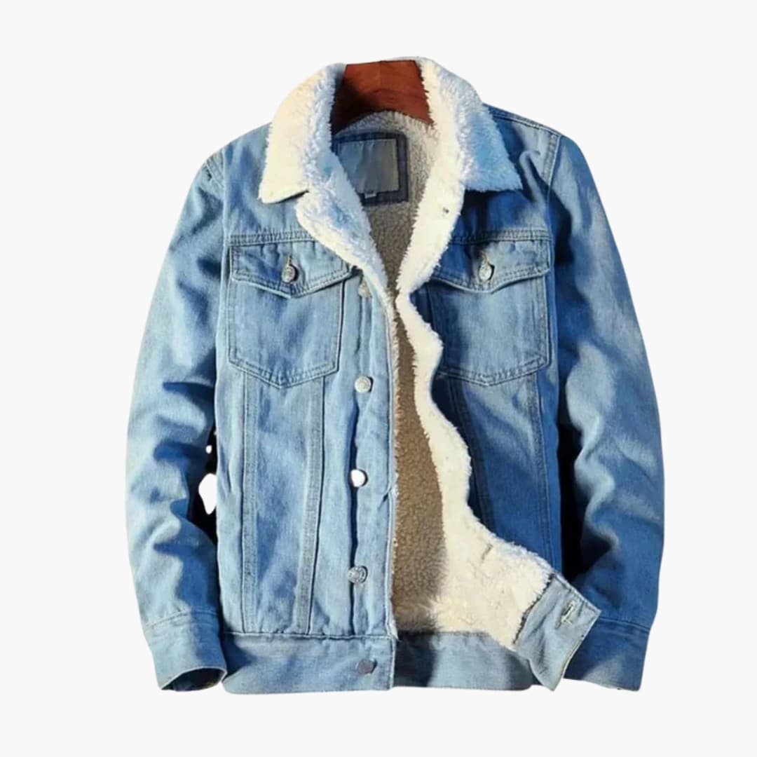 Men's blue denim jacket with sherpa collar, button front, flap pockets, rugged everyday outerwear