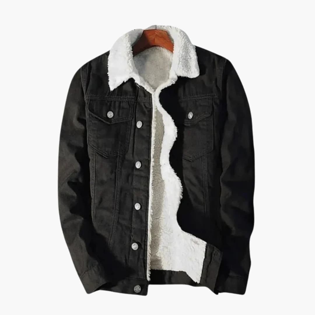 Men's blue denim jacket with sherpa collar, button-front closure and flap pockets for rugged everyday style