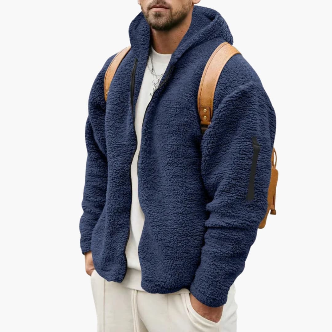 Men's gray hooded fleece jacket full-zip adjustable drawstring hood side pockets casual layering