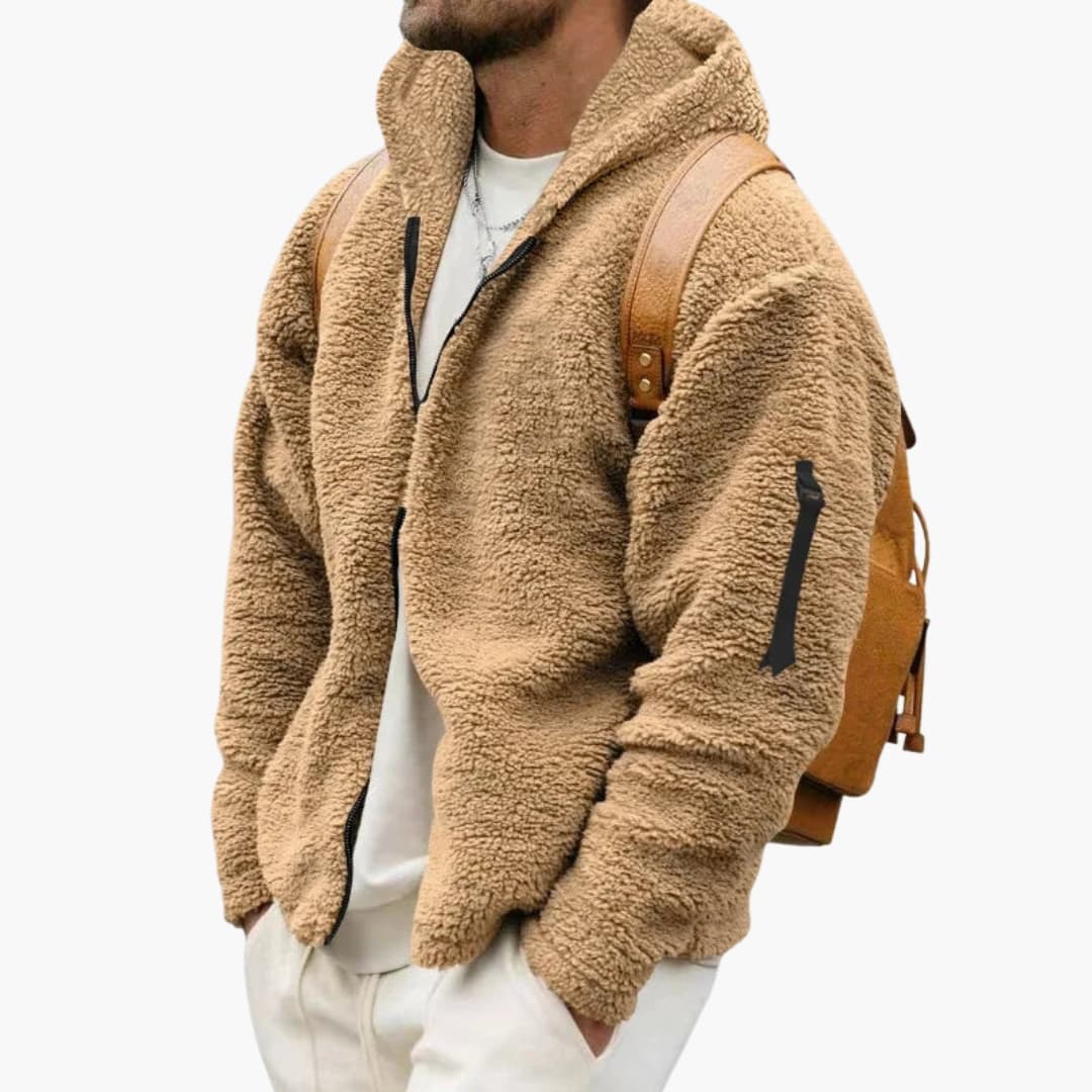 Men's gray hooded fleece jacket full-zip closure textured exterior side pockets casual layering