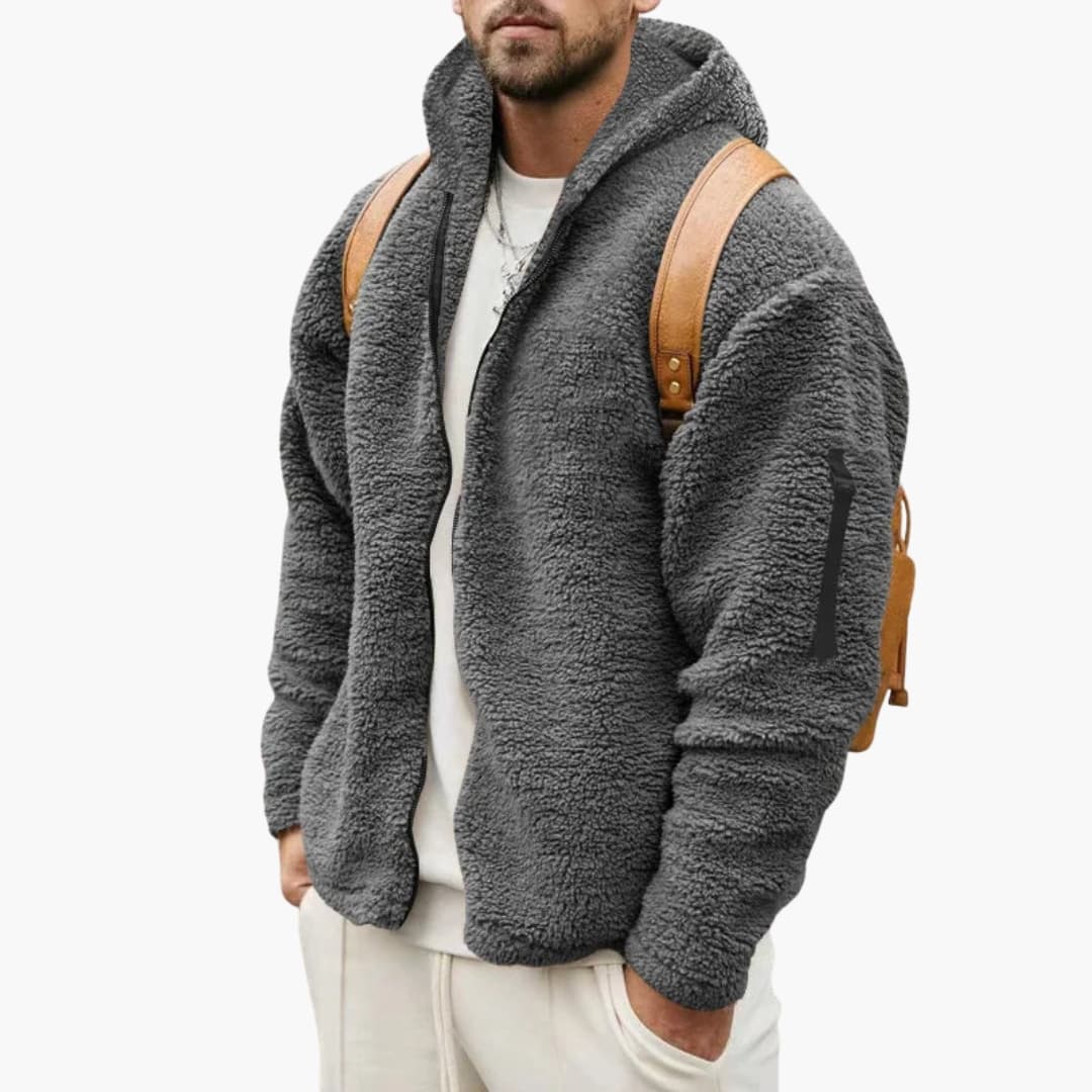 Men's gray hooded fleece jacket full-zip adjustable drawstring hood side pockets casual layering