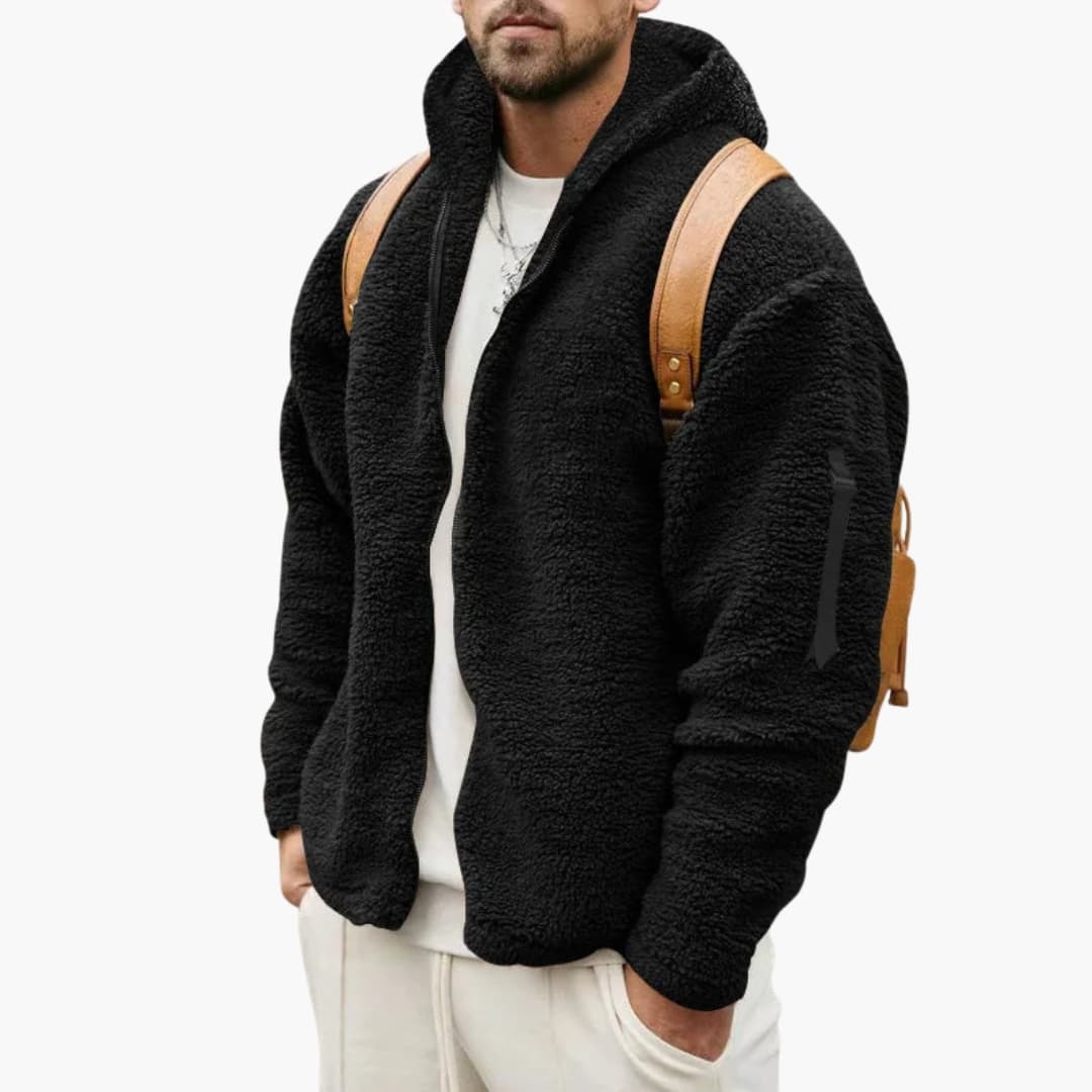 Men's gray hooded fleece jacket full-zip closure textured exterior side pockets everyday wear