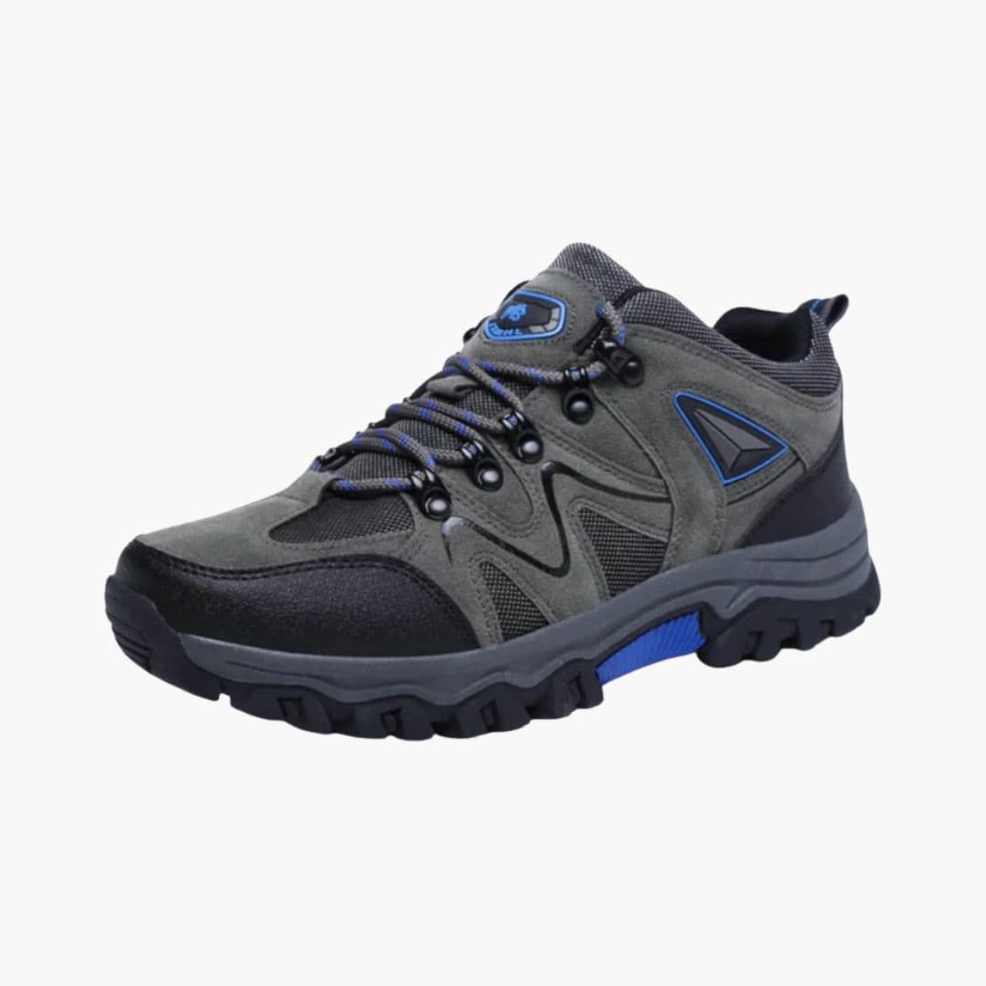 Men's low-cut hiking shoes lace-up closure rugged textured outsole synthetic overlays trail grip