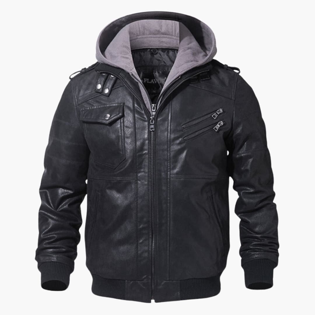 Men's hooded zip-up jacket with adjustable drawstring hood and multi-pocket utilitarian design