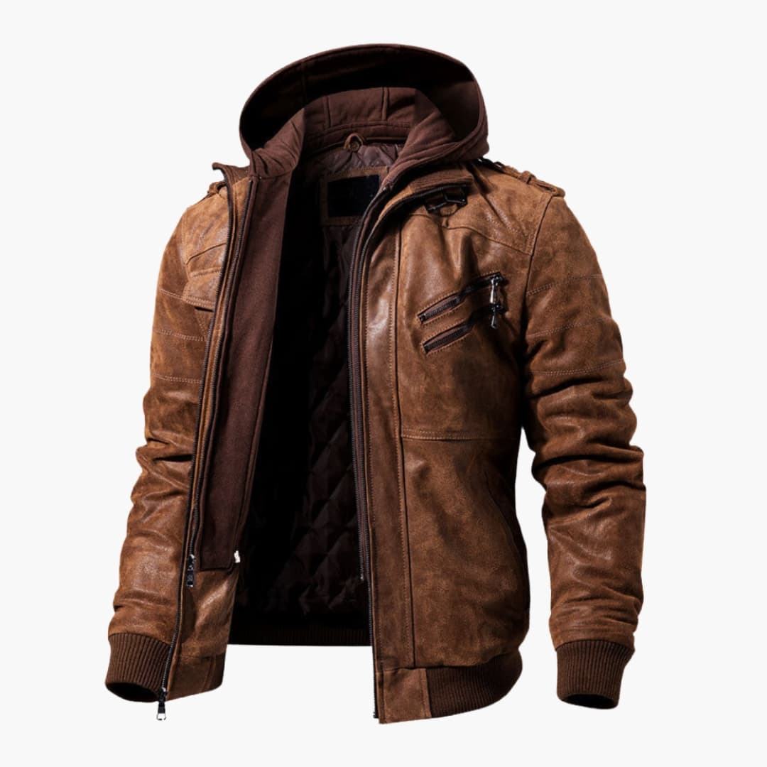 Men's hooded zip-up jacket with adjustable drawstring hood and multi-pocket utilitarian design