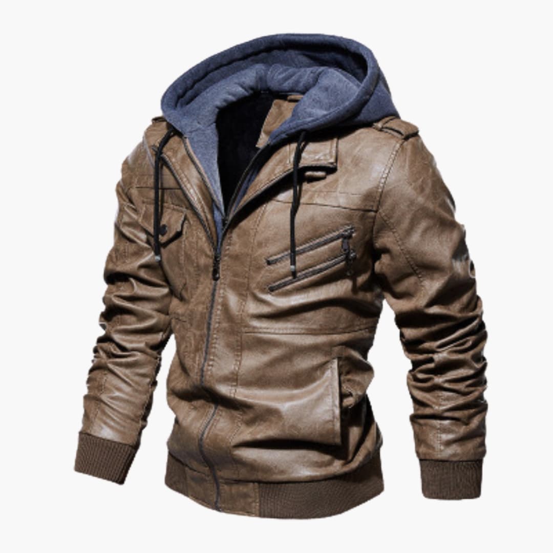 Men's hooded zip-up jacket neutral tone multi-pocket design adjustable drawstring hood everyday wear