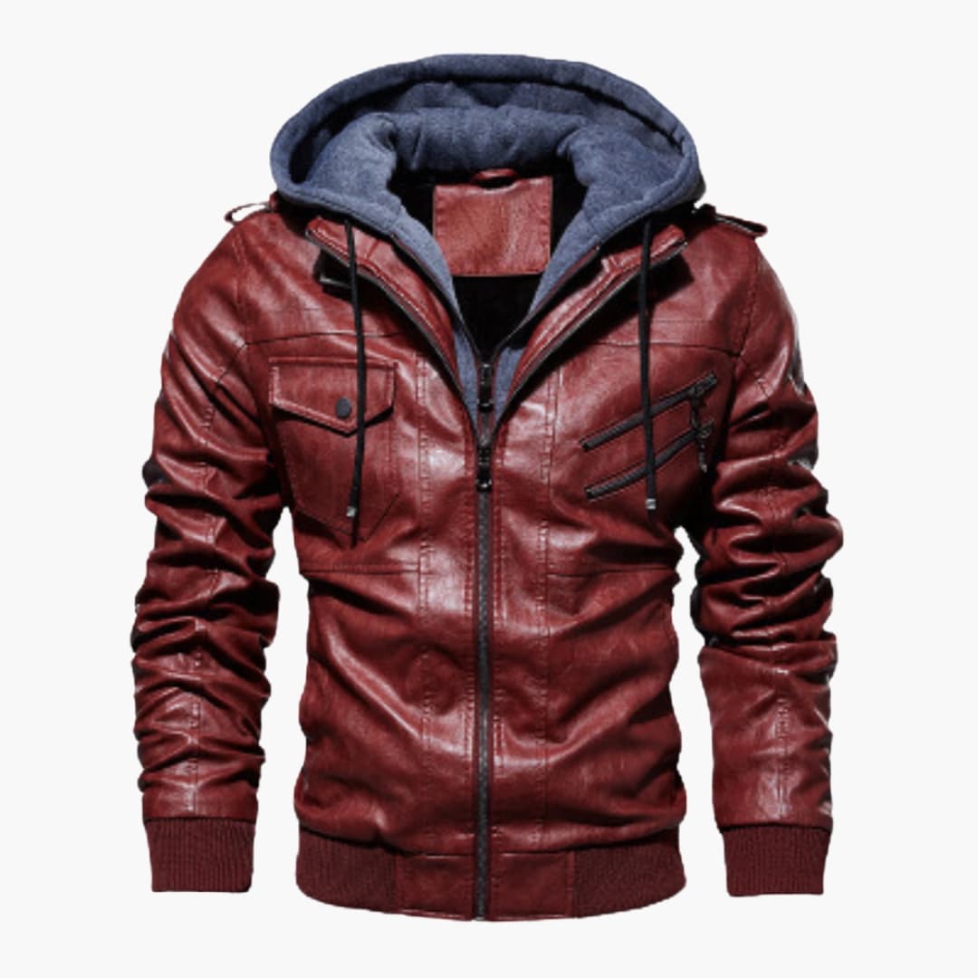 Men's hooded zip jacket with adjustable drawstring hood and multi-pocket utilitarian design