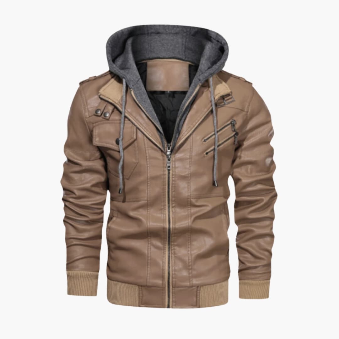 Men's hooded zip-up jacket with adjustable drawstring hood and multi-pocket utilitarian design