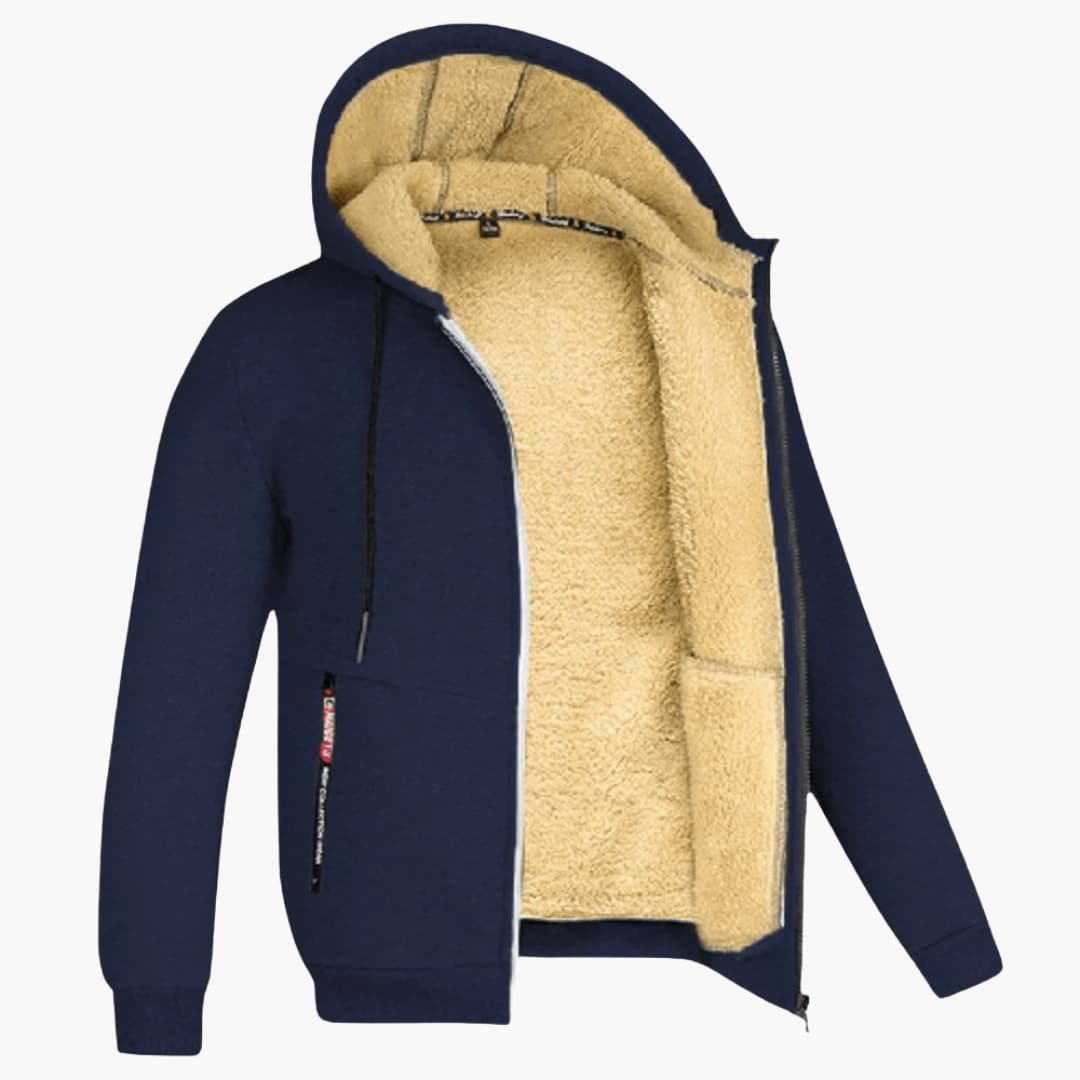 Men's hooded full-zip fleece-lined jacket for cold weather outdoor comfort with drawstring hood