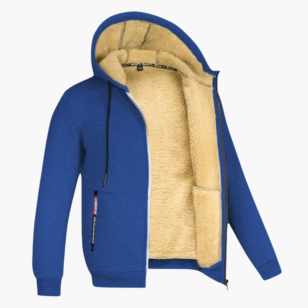 Men's hooded fleece-lined full zip jacket for cold weather outdoor comfort in neutral tones
