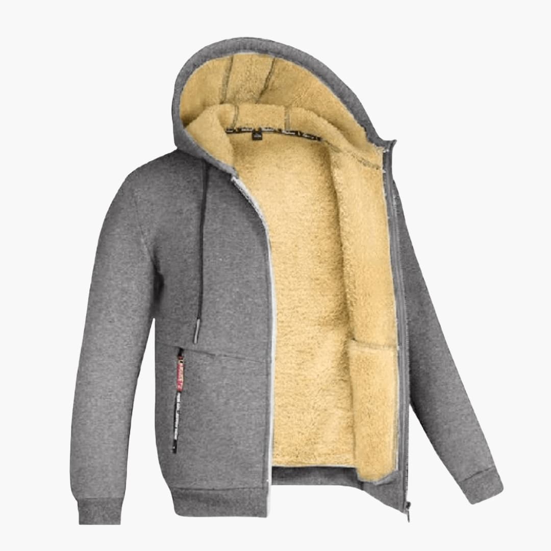 Men's hooded full-zip jacket with fleece lining, cold weather outdoor style with drawstring hood