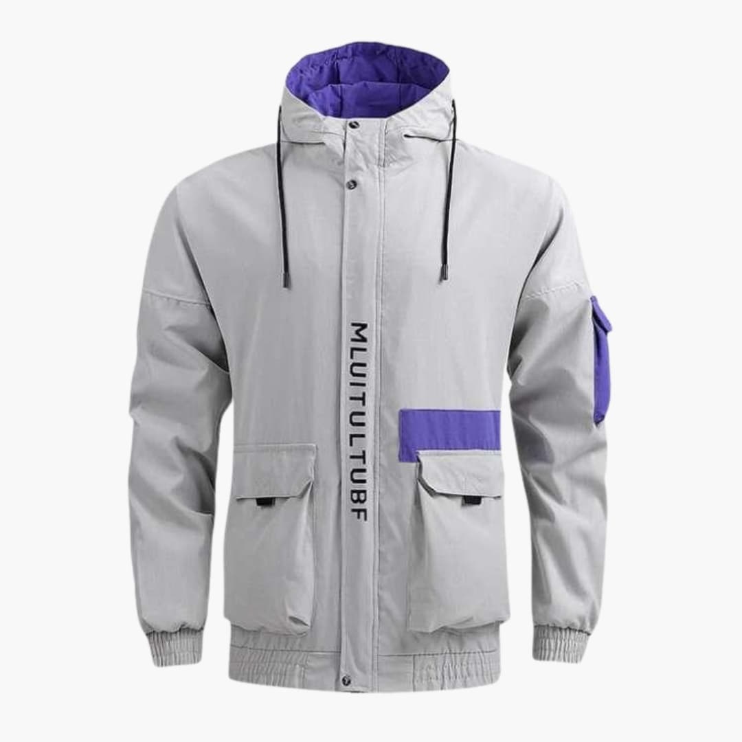 Men's hooded jacket zipper snap placket adjustable drawstring hood multiple pockets casual outerwear
