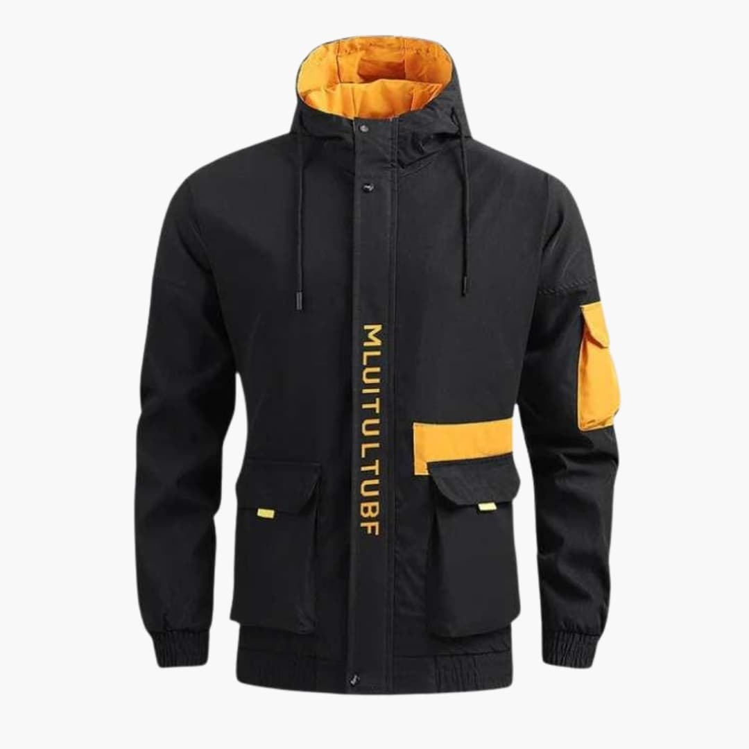 Men's hooded jacket with zipper snap placket, adjustable drawstring hood and multiple pockets