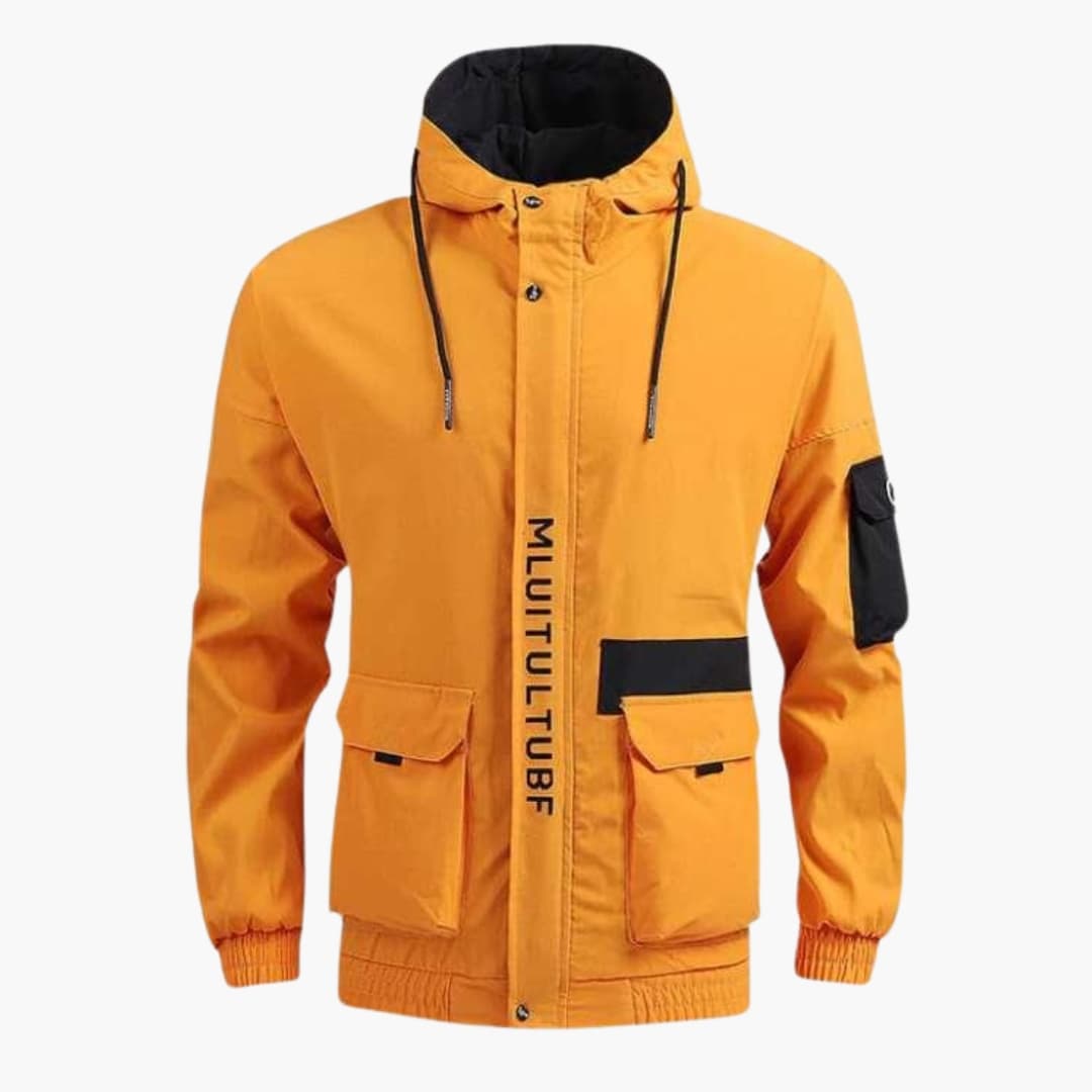 Men's hooded jacket with zipper snap placket, adjustable drawstring hood and multiple pockets
