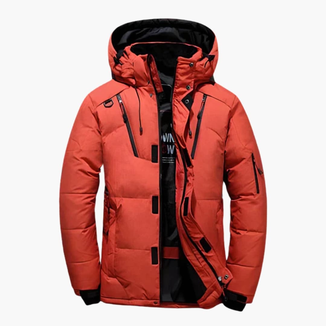 Men's hooded winter jacket black full-zip multi-pocket cold-weather coat with concealed placket