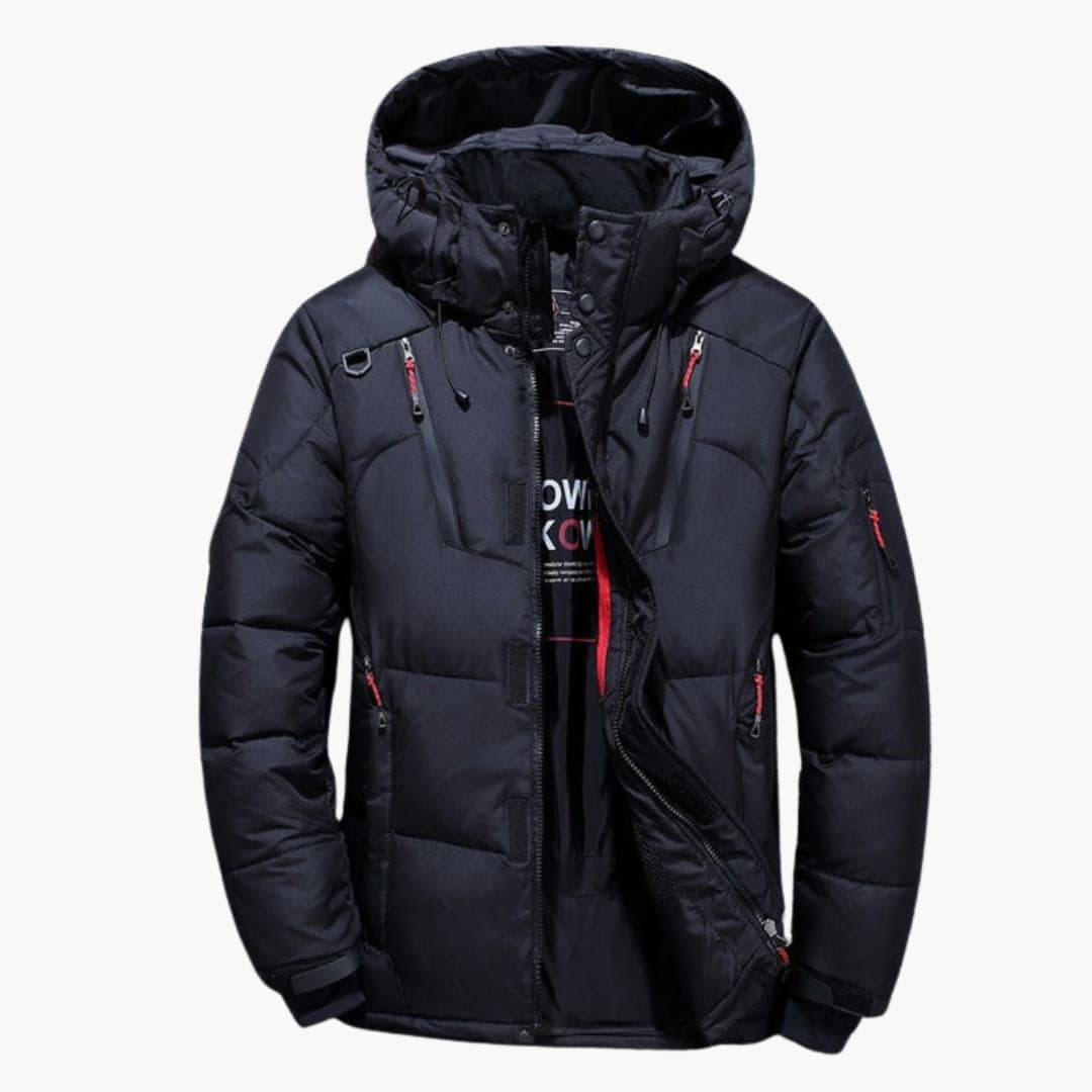 Men's hooded winter jacket black full-zip multi-pocket design with attached hood for cold weather