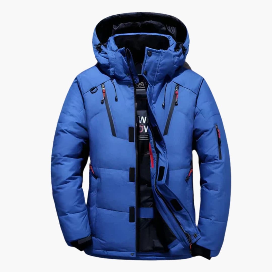 Men's hooded winter jacket black full-zip multi-pocket design with attached hood for cold weather