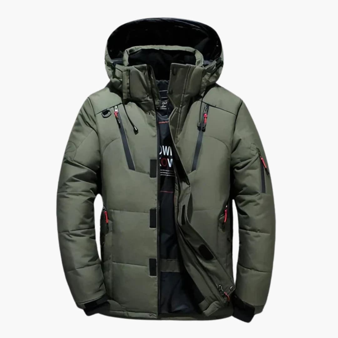 Men's hooded winter jacket navy blue full-zip multi-pocket design with attached hood cold-weather