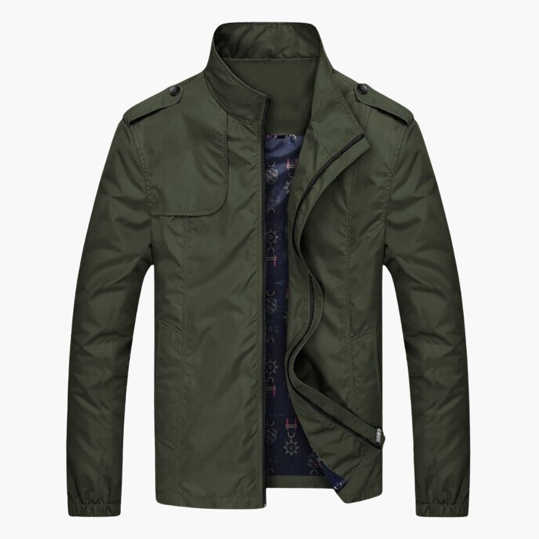 Men's zip-front jacket with standing collar, chest flap pocket, clean-cut everyday versatile style