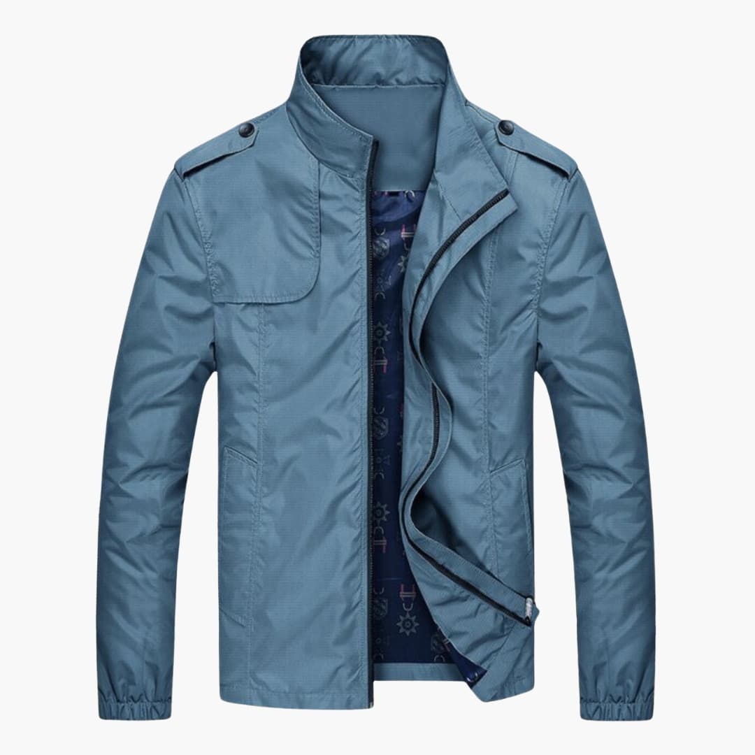 Men's zip-front jacket with standing collar, chest flap pocket, clean lines, versatile everyday style