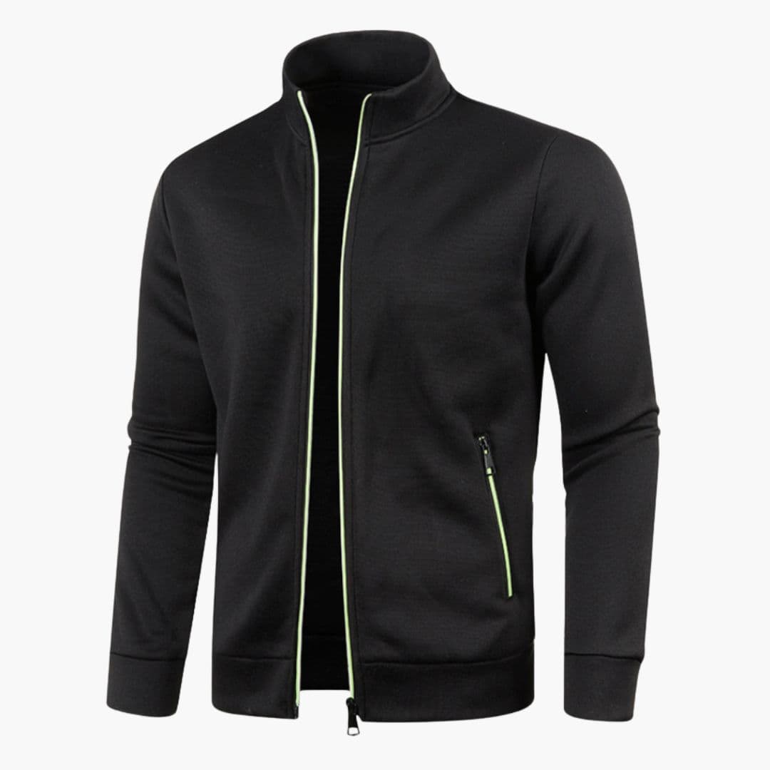 Men's dark zip-up stand collar jacket with side pockets, textured exterior, everyday outdoor fit