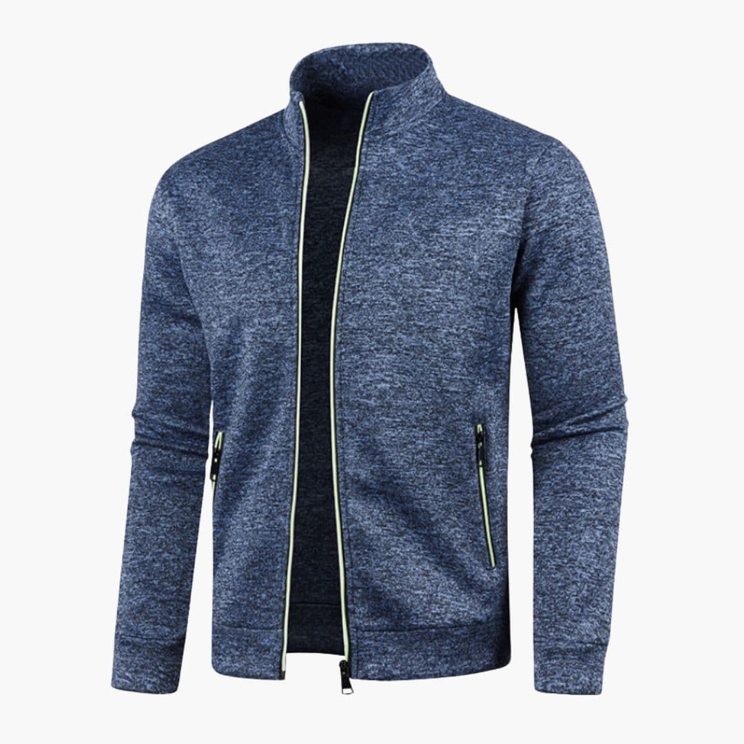Men's navy stand collar zip jacket with textured exterior and side pockets for outdoor wear