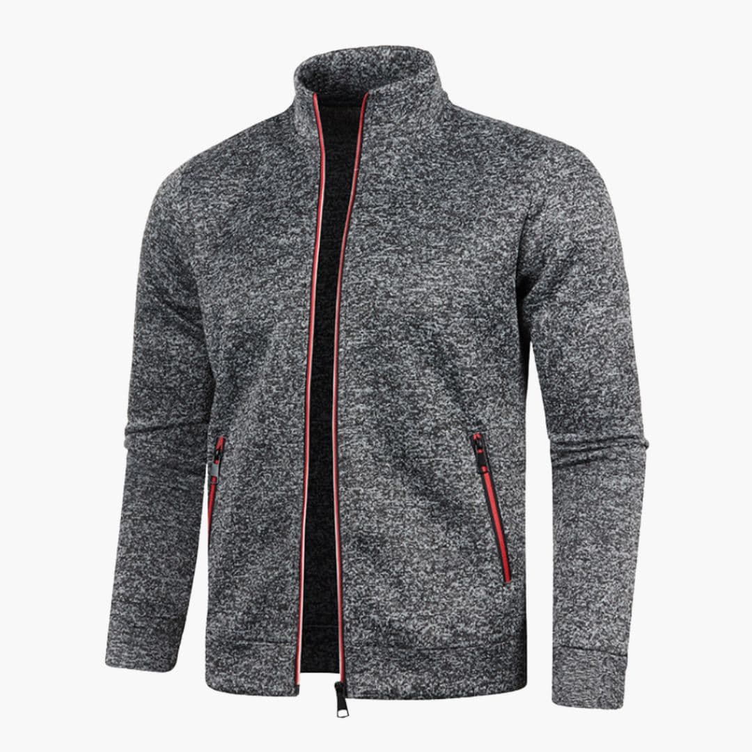 Men's dark zip-up stand collar jacket with side pockets, textured exterior, everyday outdoor fit
