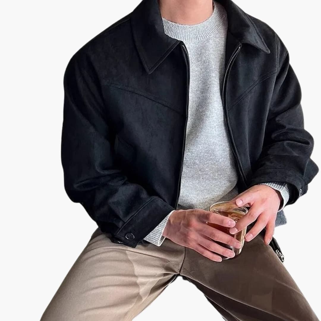 Men's faux suede zip jacket with point collar, long sleeves, and buttoned cuffs in casual modern fit
