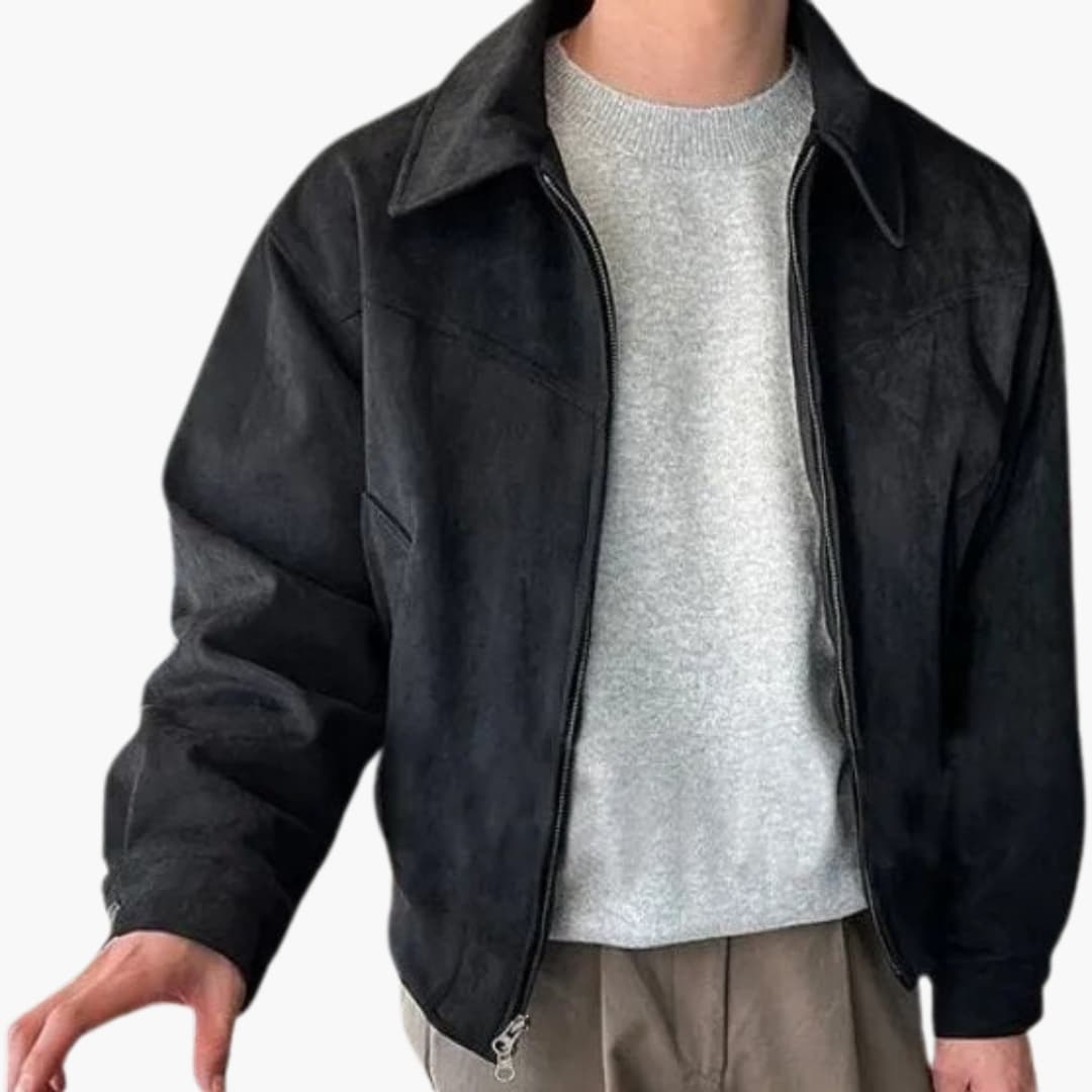 Men's faux suede zip jacket with point collar, long sleeves, and buttoned cuffs for casual modern style